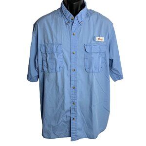 Button Down Vented Fishing Shirt XL Blue Pockets Short Sleeve Quick Dry Camp